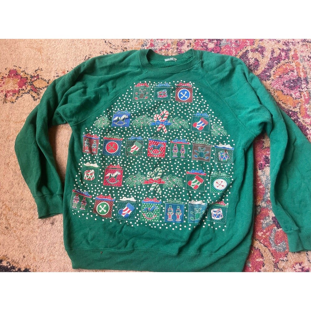 Vintage 80s Christmas Present Patchwork Crewneck Sweatshirt - Size XL